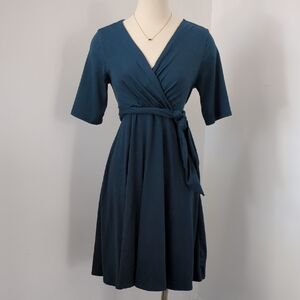 Maternity Nursing Deep Blue V Neck Dress With Tie